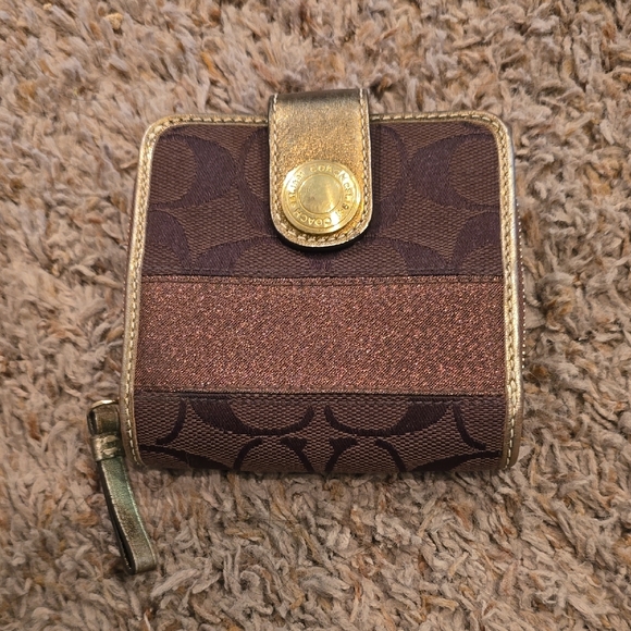 Coach Handbags - Coach Brown Signature Wallet with Gold Accents